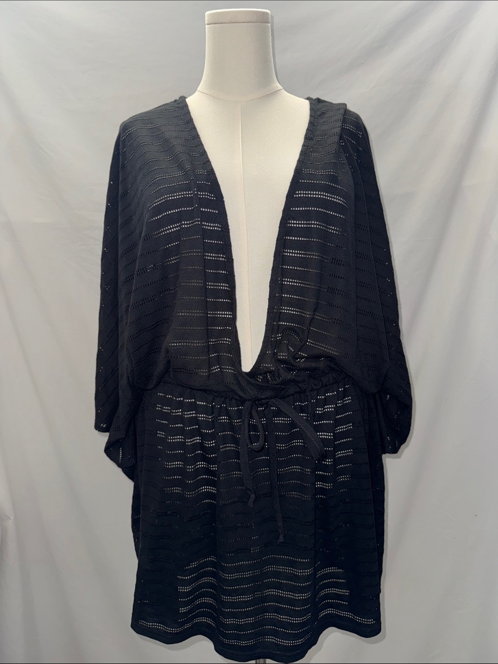Black Sheer V-Neck Swim Cover-Up with Waist Tie